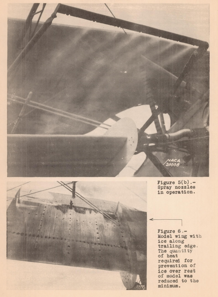 Figure 5(b). Spray nozzles in operation.Figure 6. Model wing with ice along trailing edge. The quantity of heat required for prevention of ice over rest of model was reduced to the minimum.